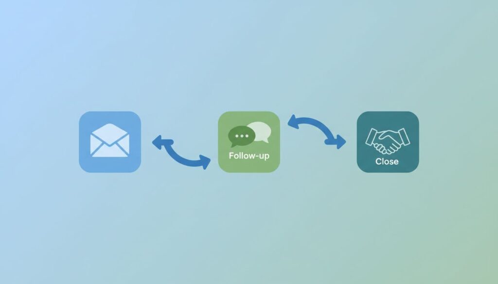 Modern illustration in clean shapes with blue and green palette showing a visual flowchart of a three-step email outreach sequence: initial email, follow-up, and close, connected by arrows on a simple background.