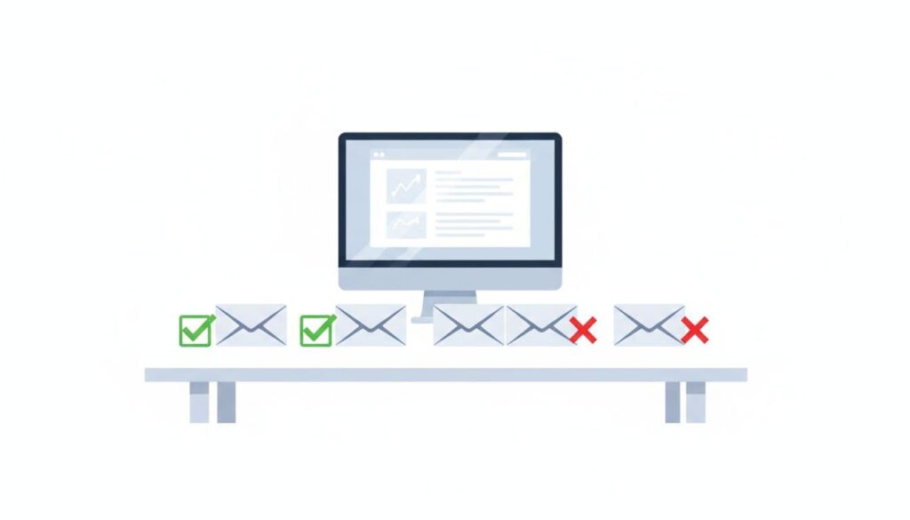 Illustration of email verification process with checkmarks on valid emails and crosses on invalid ones next to envelopes, on a simple desk setup with a computer in modern style with clean shapes and green-red palette.