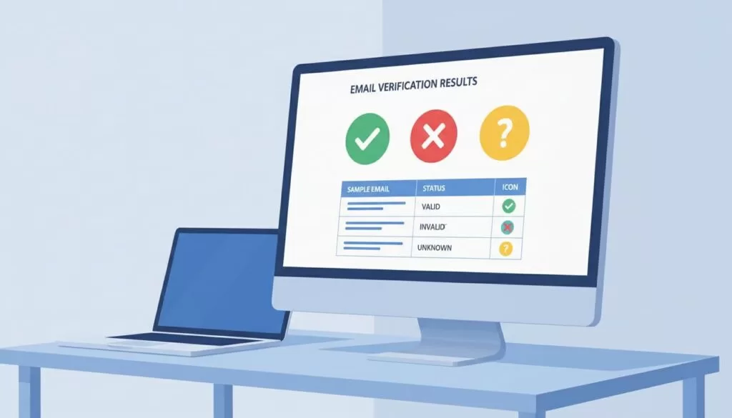 Modern illustration of a laptop dashboard screen displaying email verification results with green checks for valid, red X for invalid, and yellow questions for unknown statuses in a table. Desk setting focused on the screen with clean blue and white design, soft lighting, and no readable text.