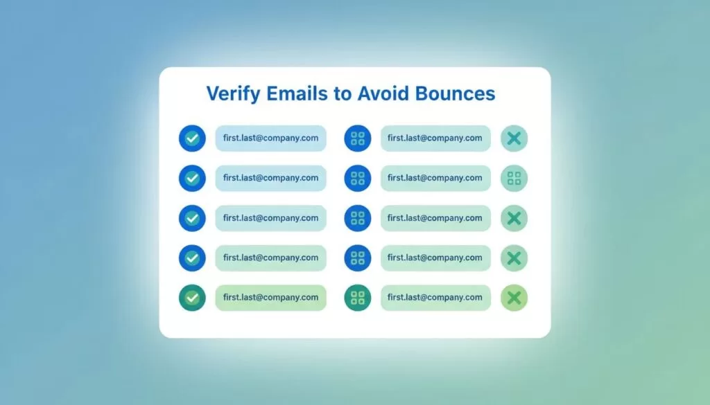 Modern illustration of close-up email verification results on a dashboard, with checkmarks for valid emails, icons for patterns like first.last@company.com, in a clean blue-green palette, abstract representation without readable text.