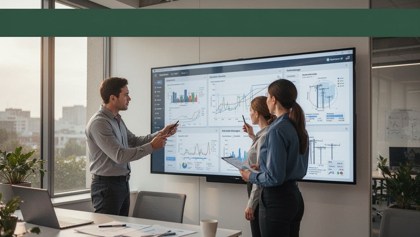 Operations staff review utility charts on a modern energy dashboard.