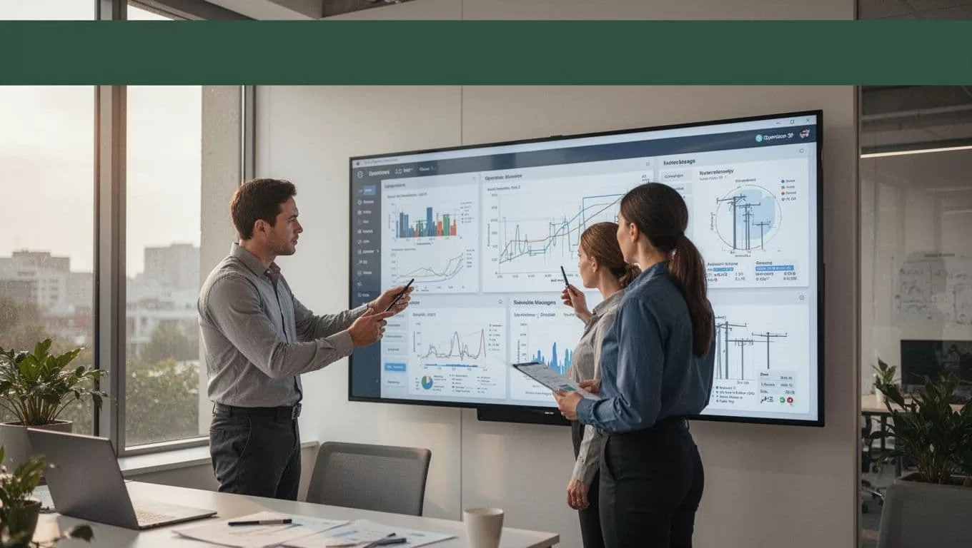 Operations staff review utility charts on a modern energy dashboard.