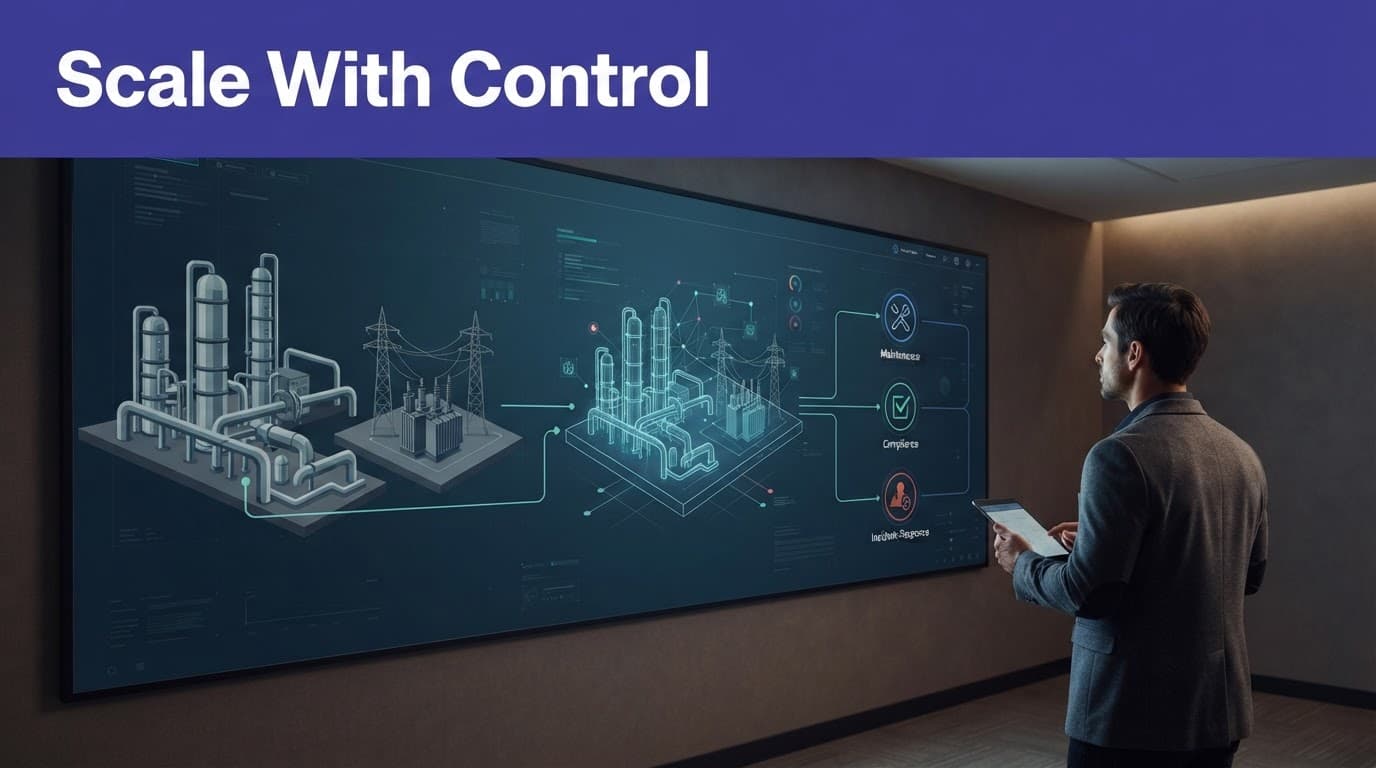 A worker reviews a digital twin linking energy facilities with maintenance and compliance workflows.