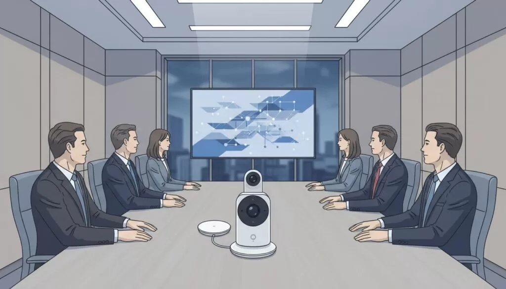Modern illustration of a secure conference room featuring Google Meet hardware including a smart camera and speakerphone on the table, with six executives seated around viewing a shared screen with collaboration icons.