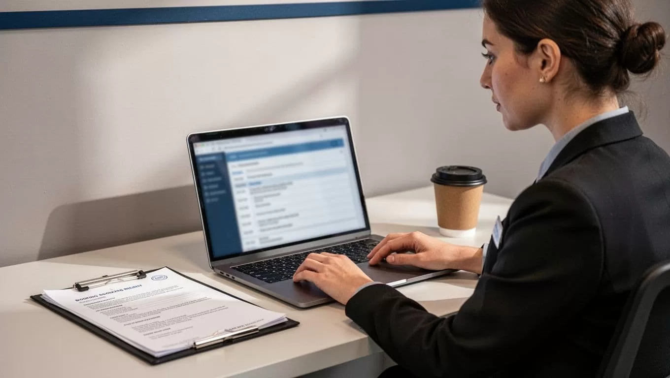 Staff member reviews a blurred booking request beside a contract folder and coffee under a Human Review banner.