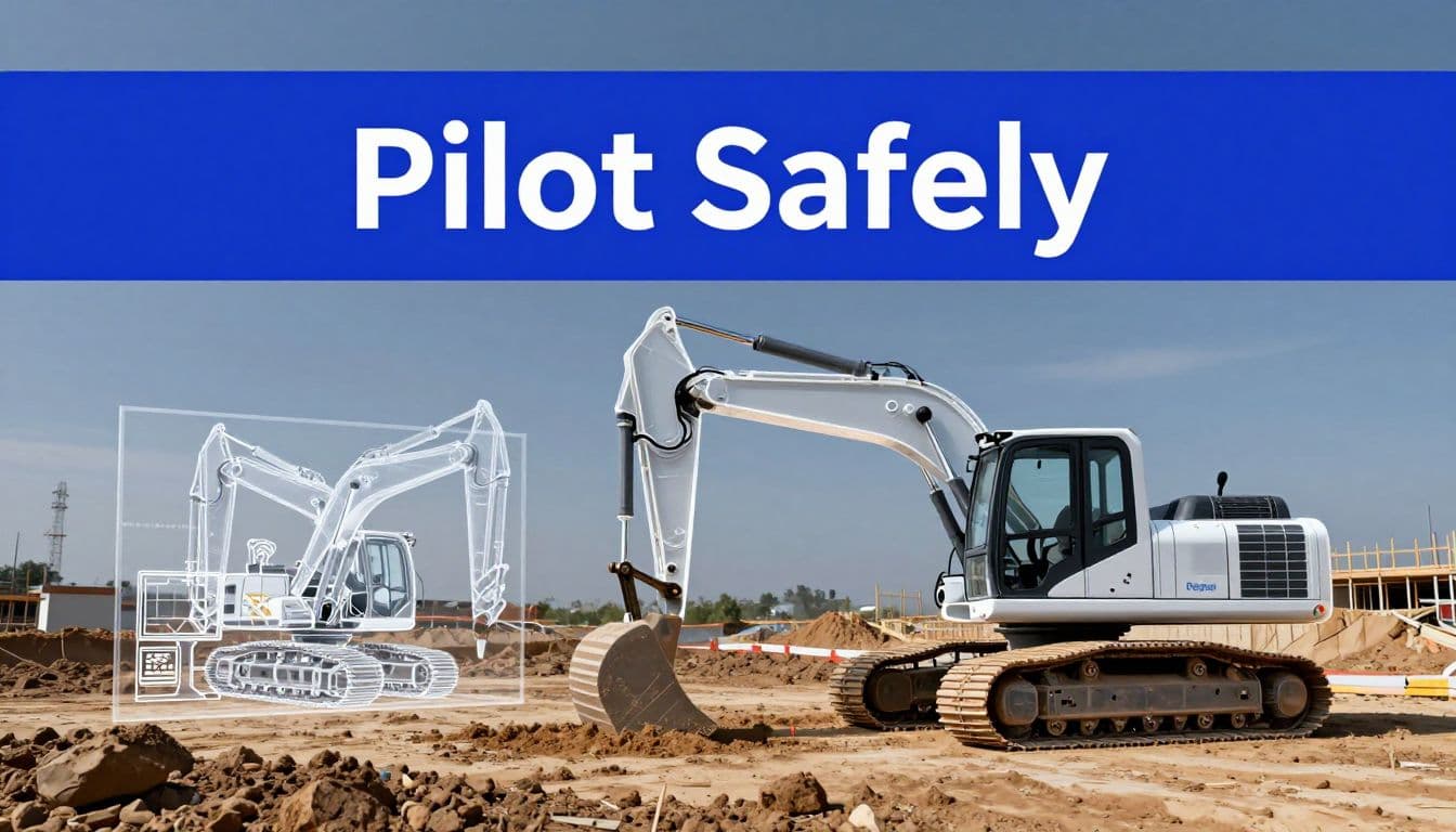 An excavator beside a transparent digital twin model on a construction site.