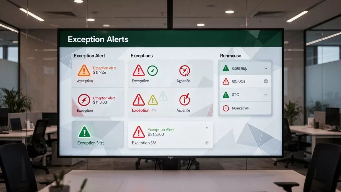 A dark green operations screen showing exception alert logs and an Exception Handling heading.