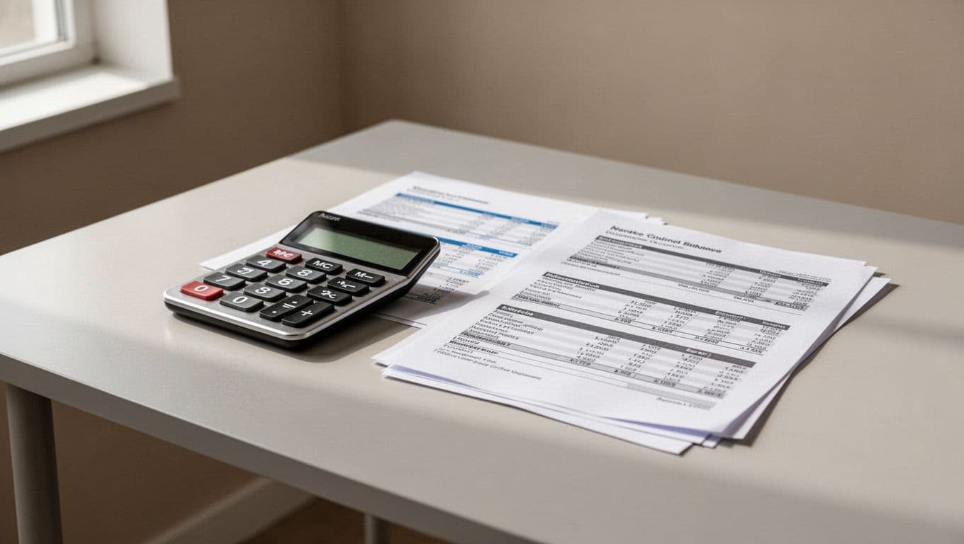 Calculator and financial documents beneath an Exchange Rates banner on a minimalist desk.
