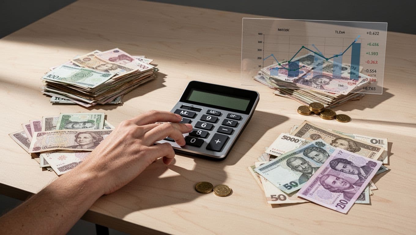 Minimalist desk scene with currency symbols, a calculator, and an exchange rate headline.