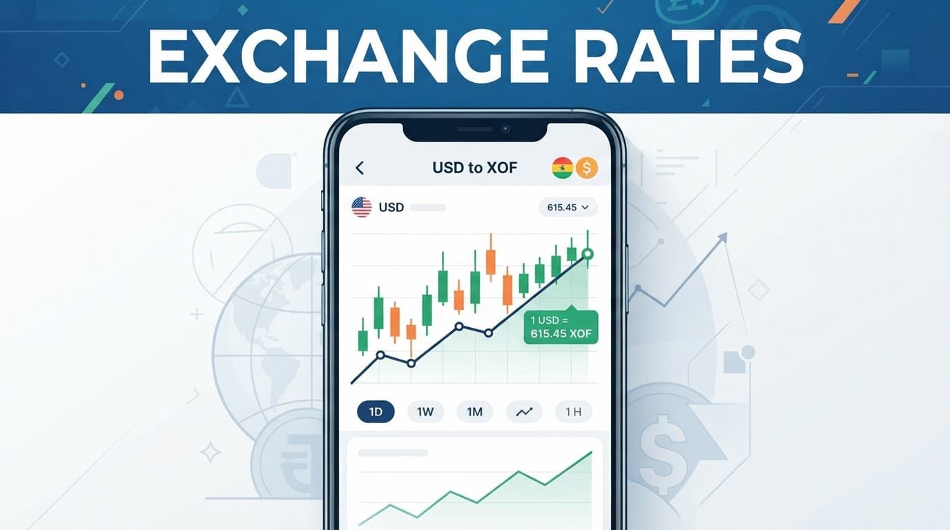 Smartphone showing financial charts beneath an Exchange Rates headline.