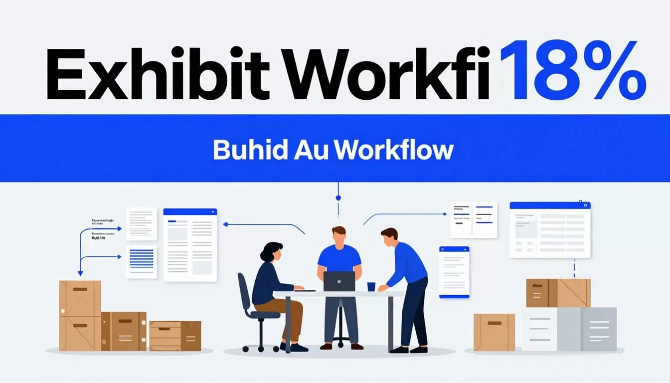 Three people plan exhibit logistics around a table with crates, documents, a model, and one laptop.