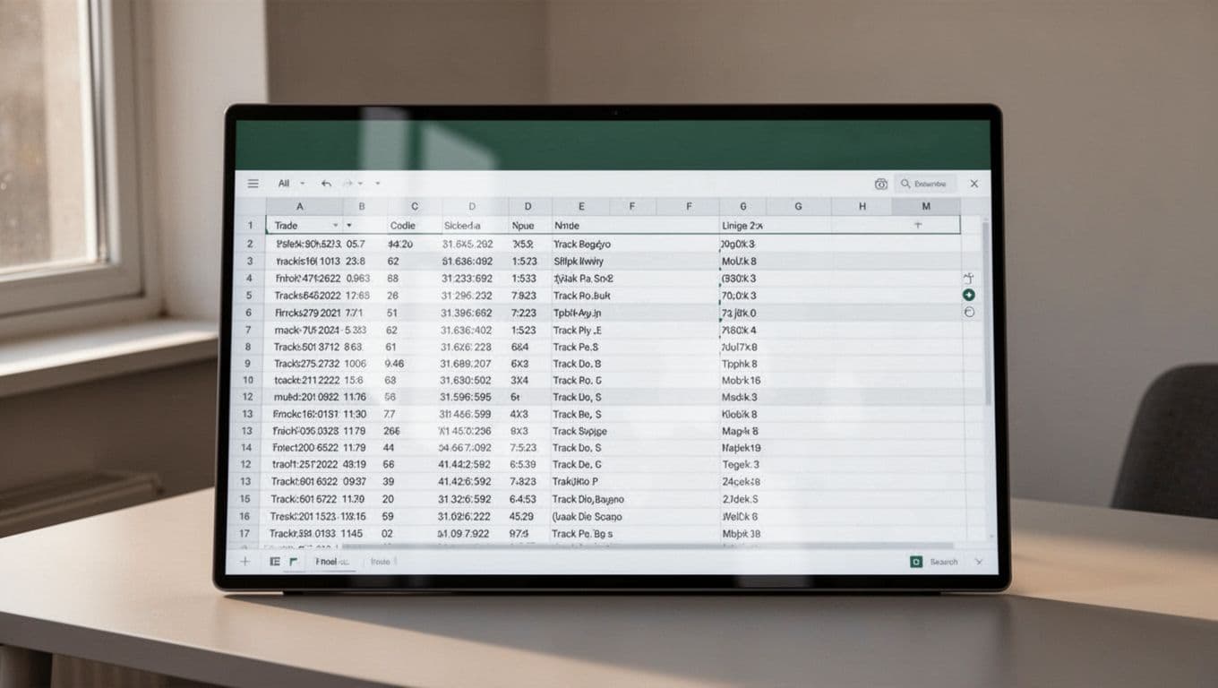 Digital monitor showing track data tables beneath a dark-green headline band.
