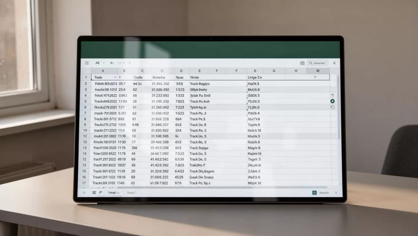 Digital monitor showing track data tables beneath a dark-green headline band.