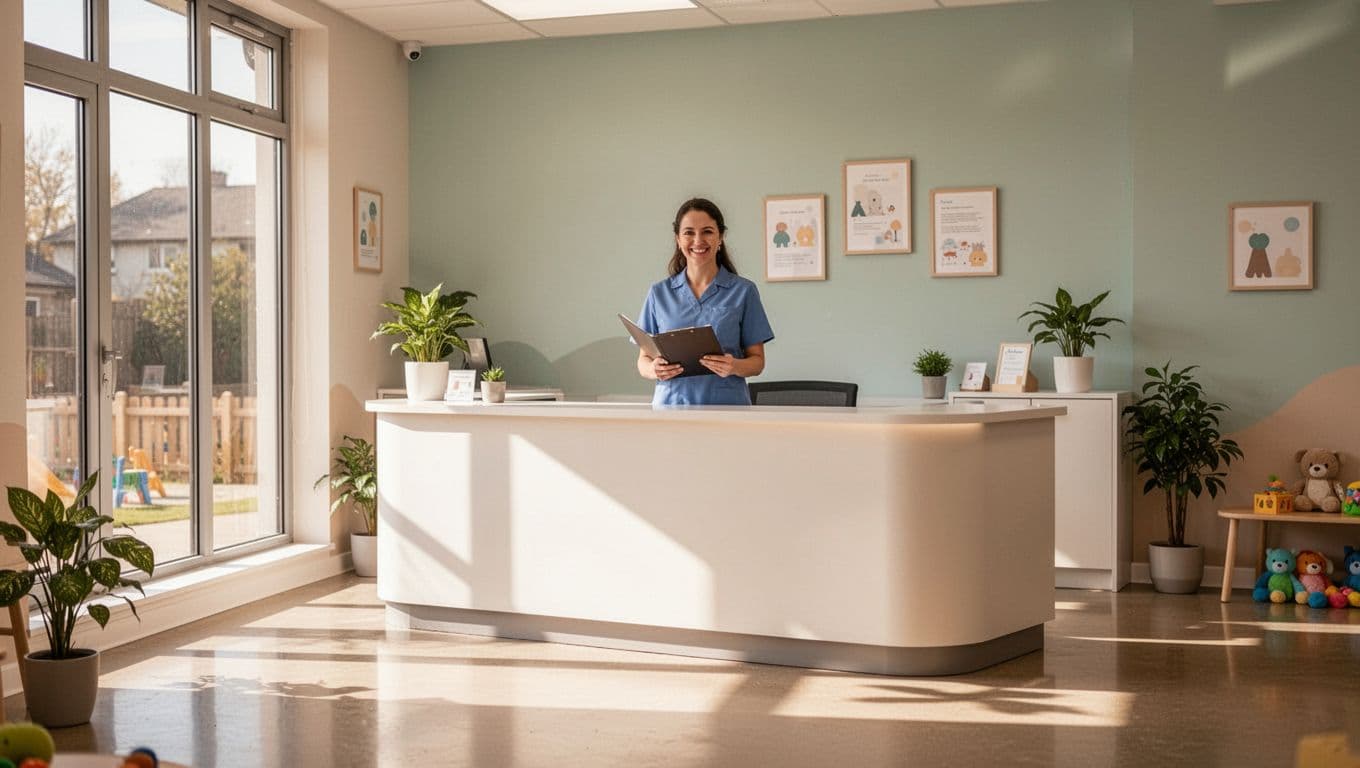 A childcare reception desk and one staff member beneath a FAMILY INTAKE banner.