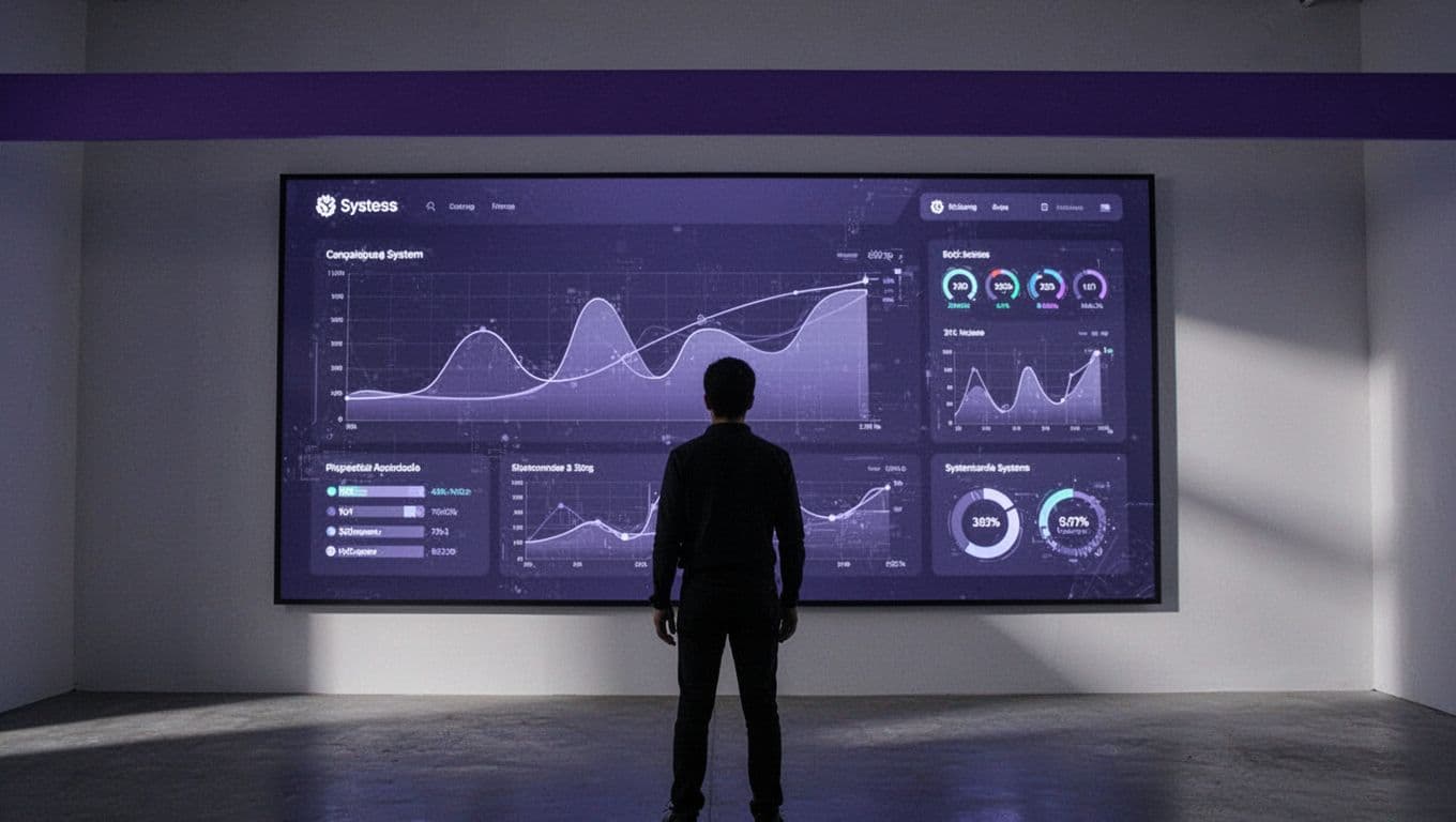 Dashboard showing data feeds and automated system status graphs beneath an indigo header.