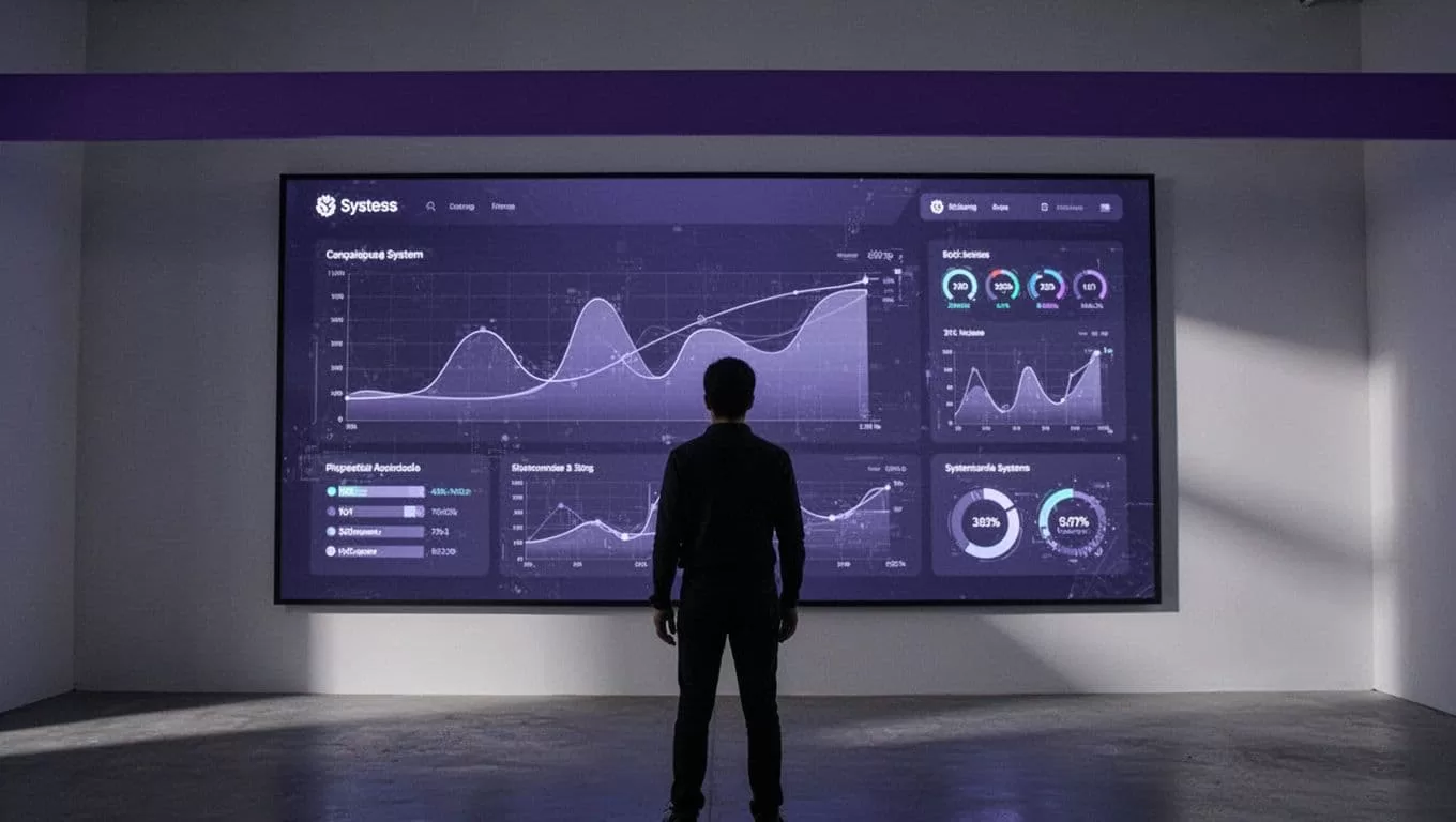 Dashboard showing data feeds and automated system status graphs beneath an indigo header.