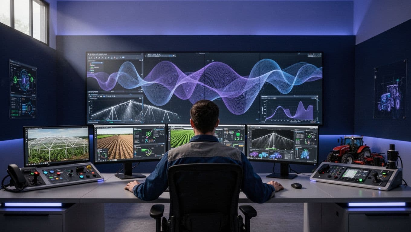 An operator monitors farm systems from a control room workstation.