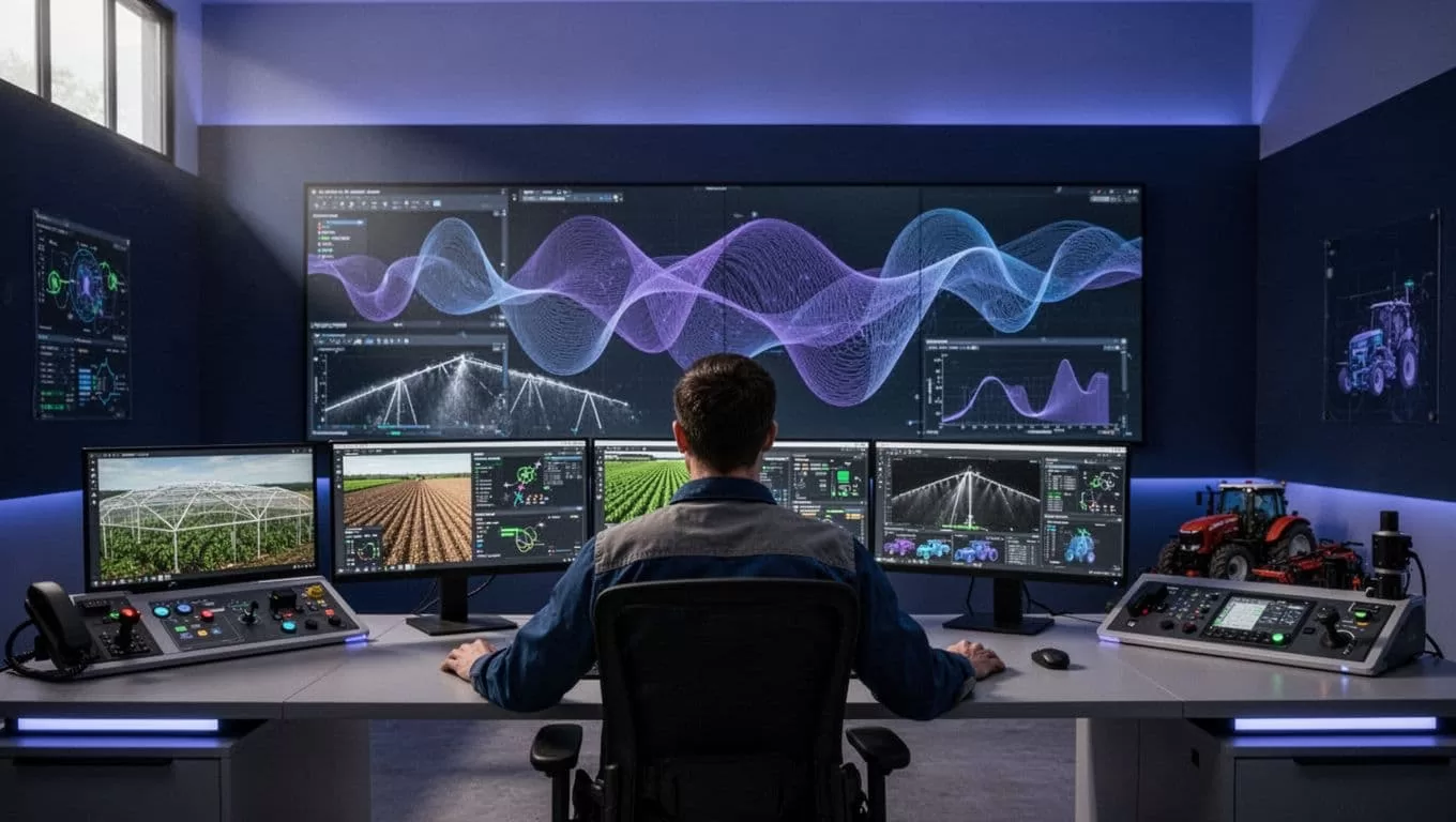 An operator monitors farm systems from a control room workstation.