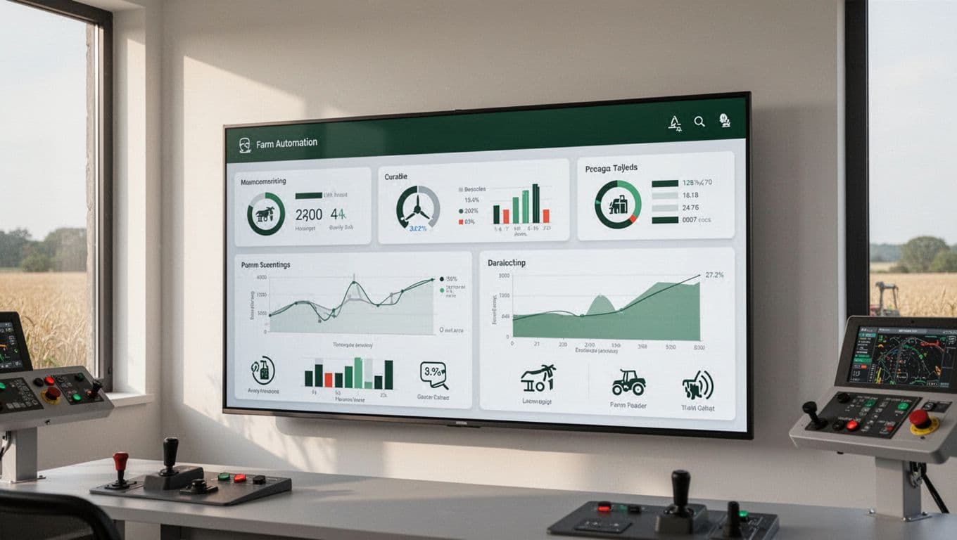 Farm automation dashboard beneath a dark-green Farm Workflow headline band.