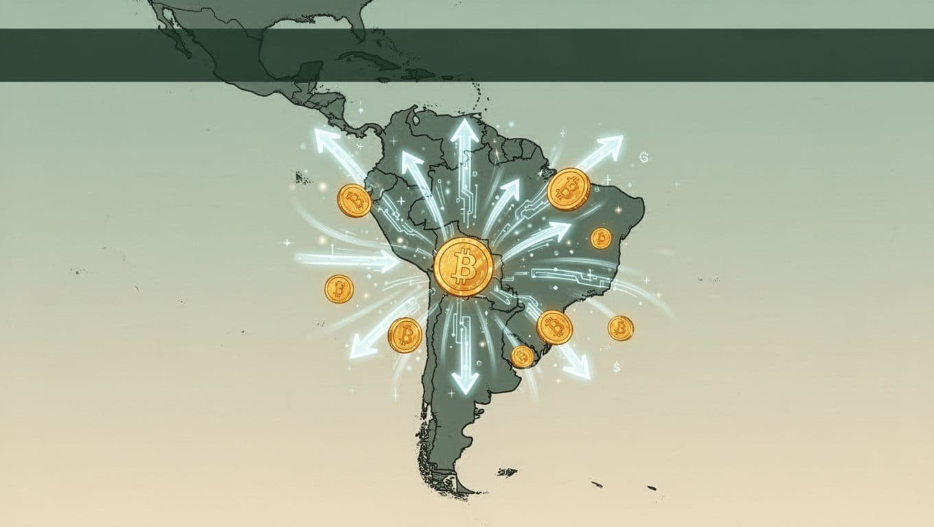 Digital currency transfer illustration pointing toward South America beneath a Fast Transfer header.