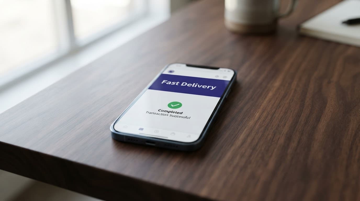 A smartphone on a wooden table shows a completed transfer confirmation.