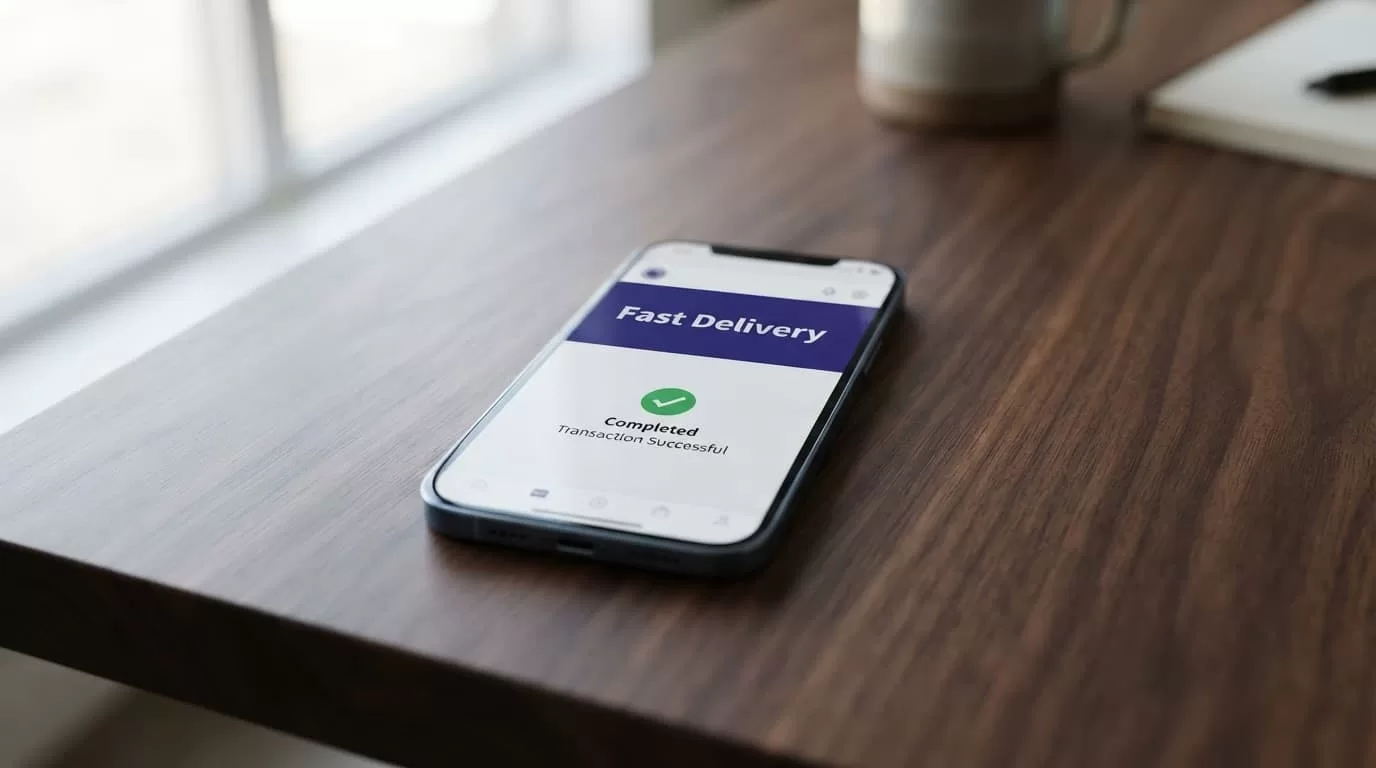 A smartphone on a wooden table shows a completed transfer confirmation.