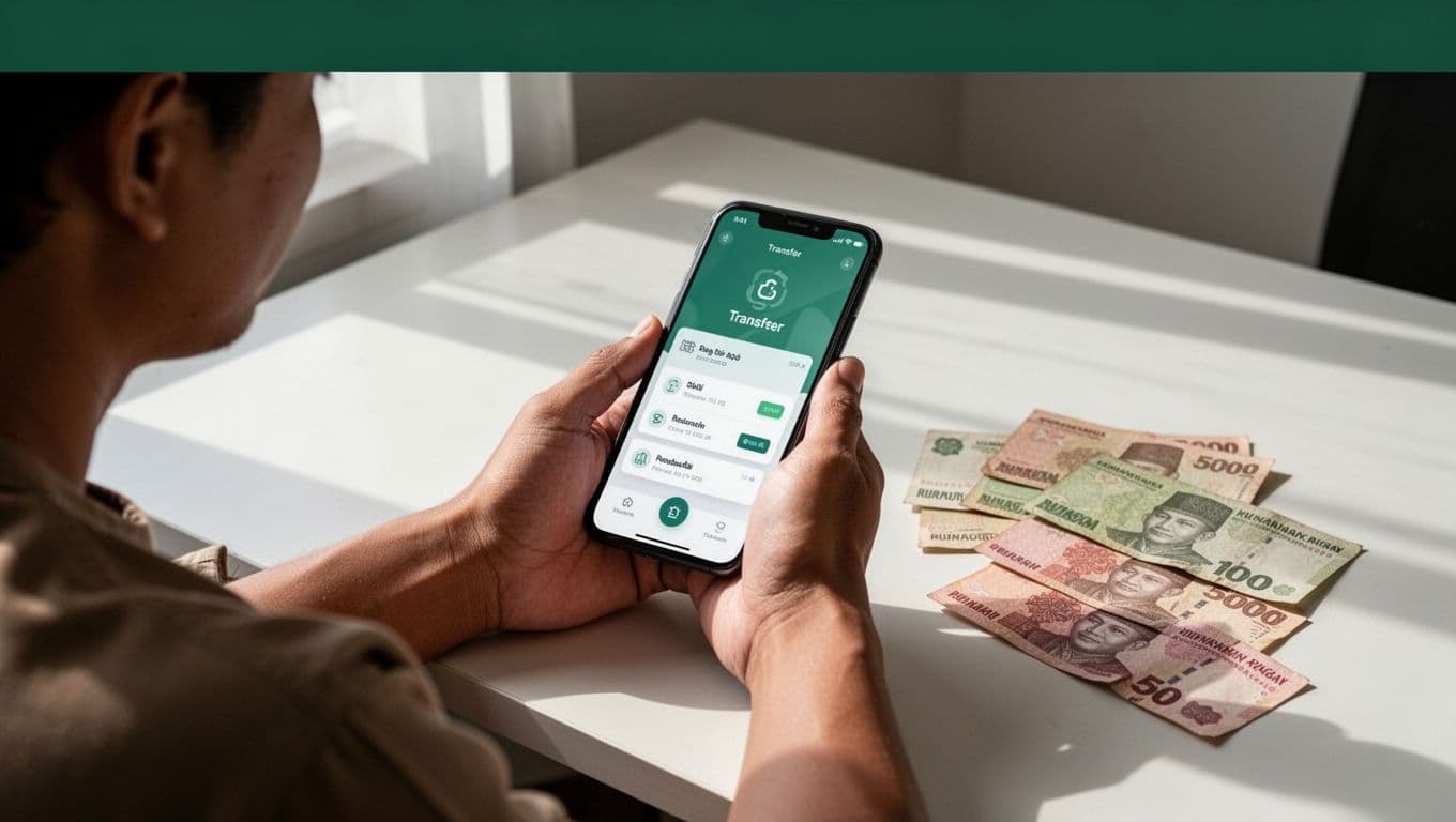 One person uses a smartphone beside Indonesian rupiah notes on a clean desk.