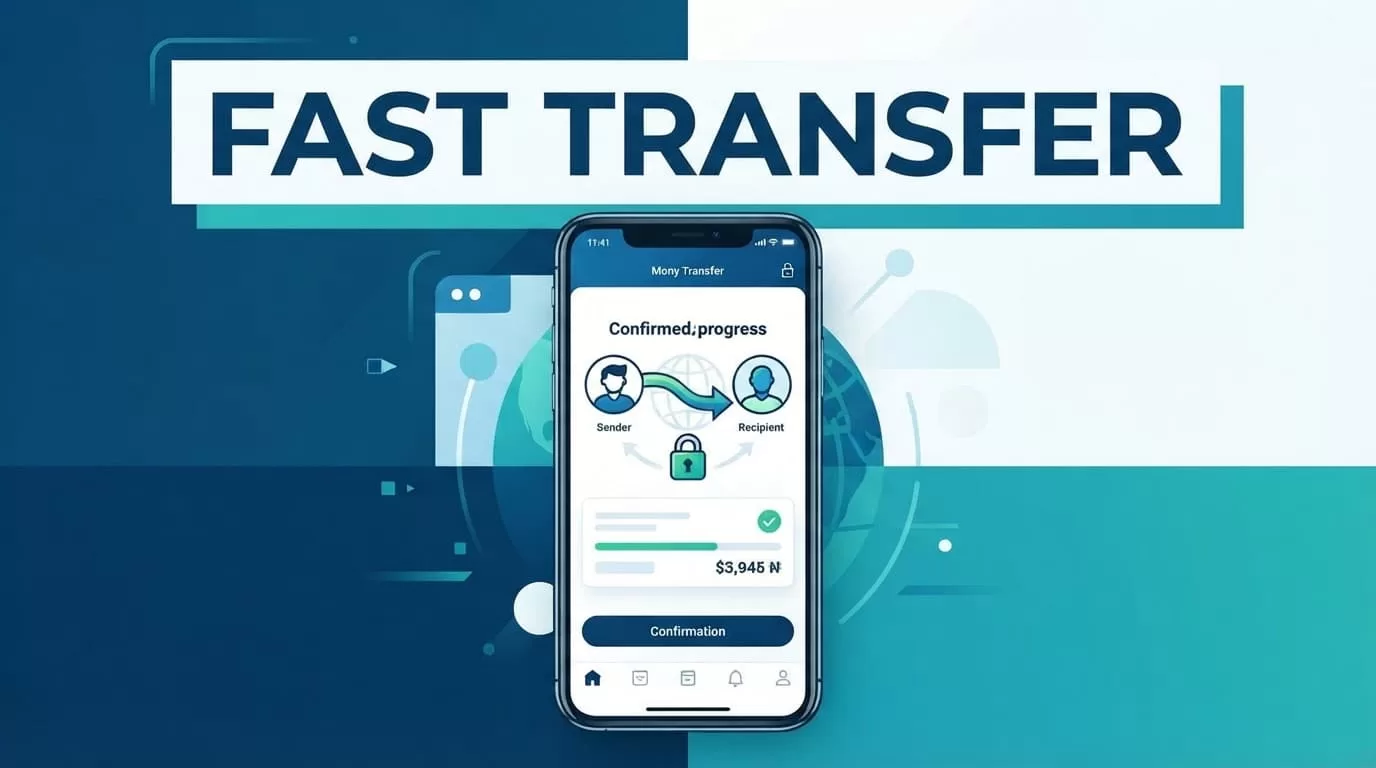 Smartphone showing a secure money transfer app with a Fast Transfer headline.