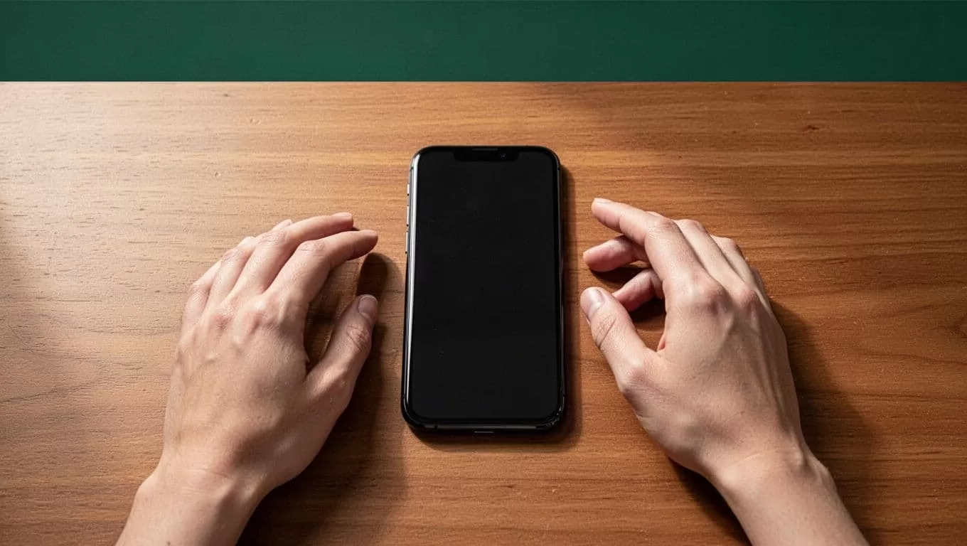 A smartphone on a wooden desk with hands nearby beneath a green banner.