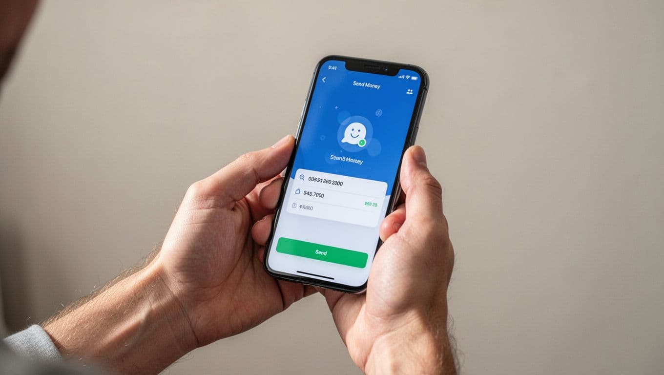 A person sends money on a smartphone beneath a FAST TRANSFER headline.