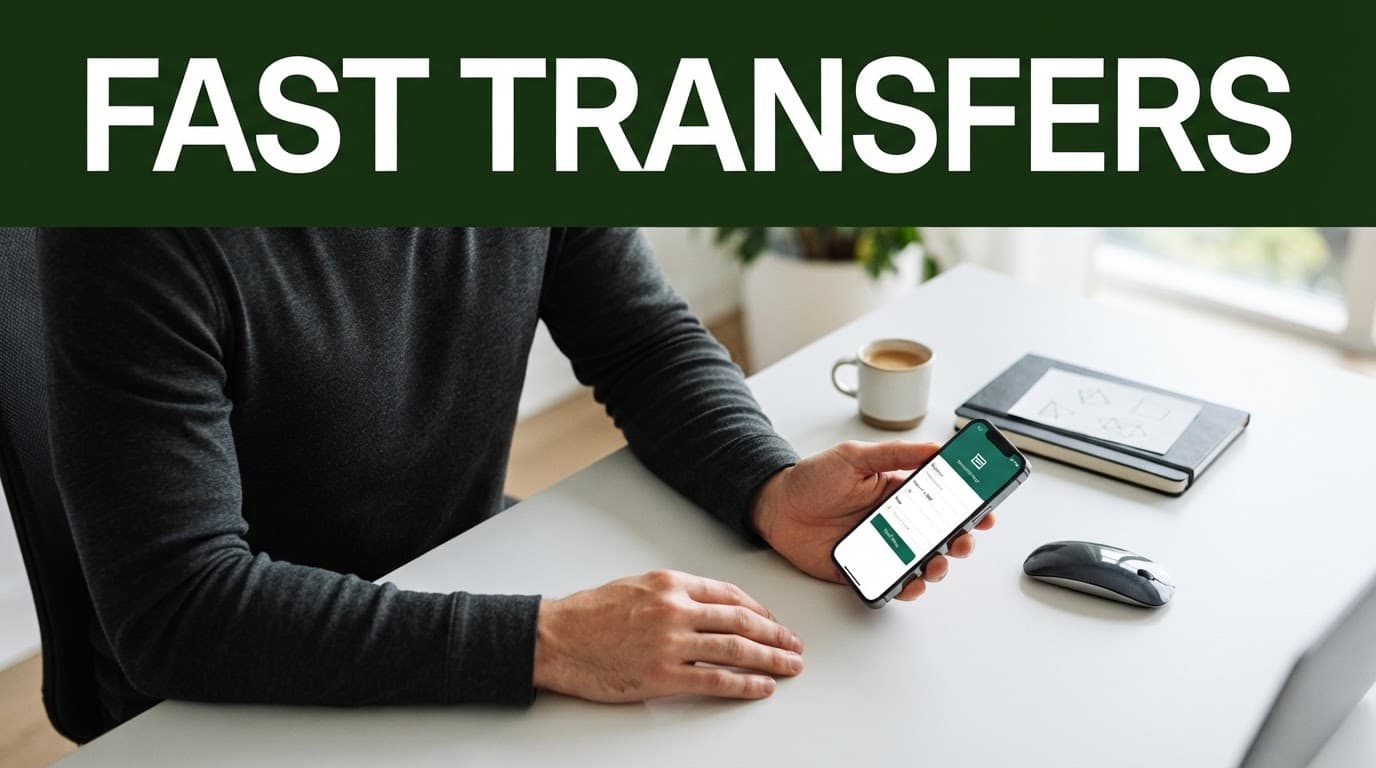 A smartphone sits beneath a dark-green banner labeled Fast Transfers.
