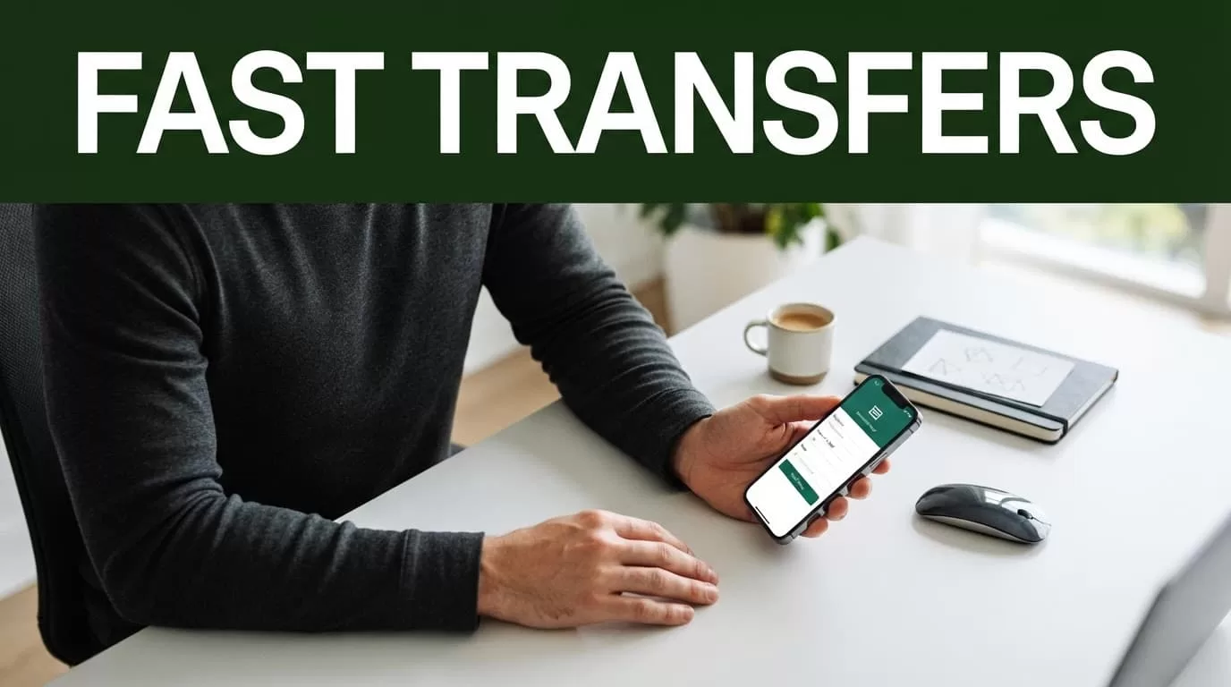 A smartphone sits beneath a dark-green banner labeled Fast Transfers.