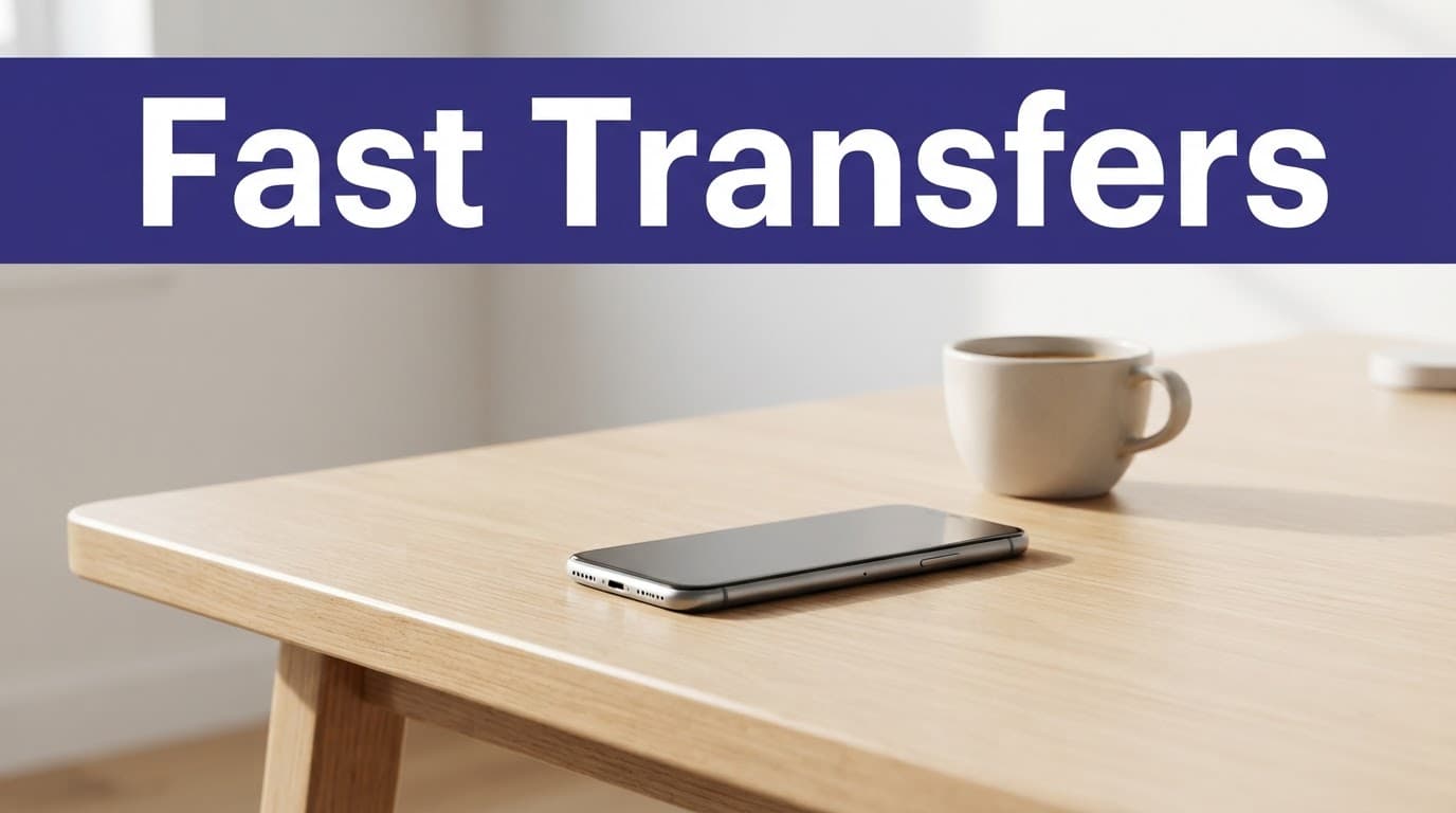 Smartphone on a wooden desk beneath a Fast Transfers banner with a coffee cup nearby.