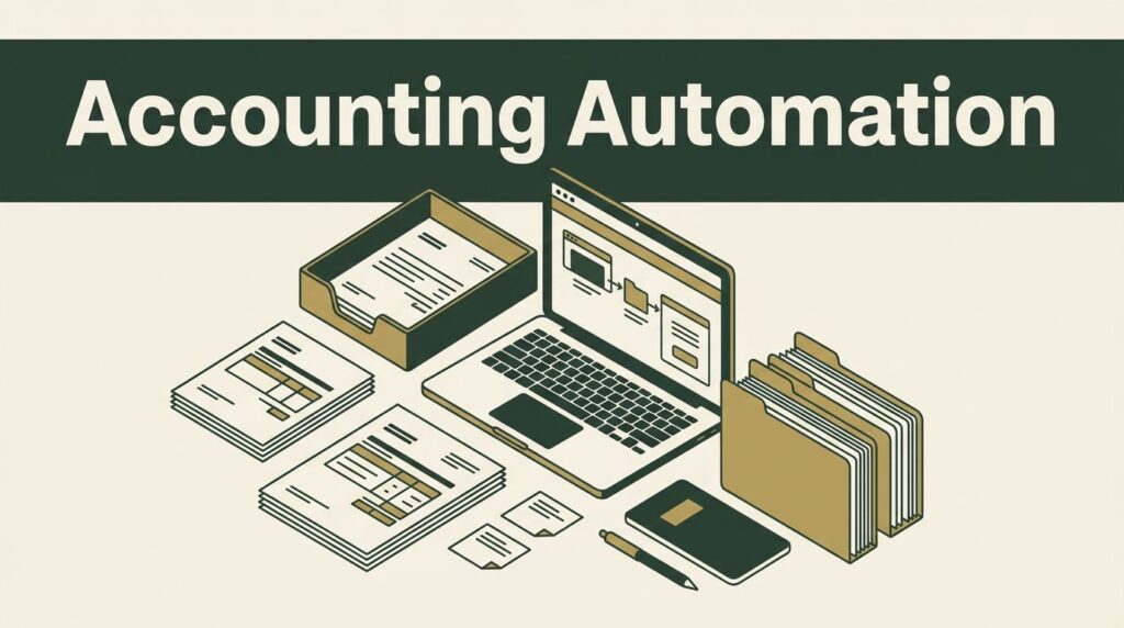Accounting documents, a workflow laptop, intake tray, and folders appear below a green headline band.