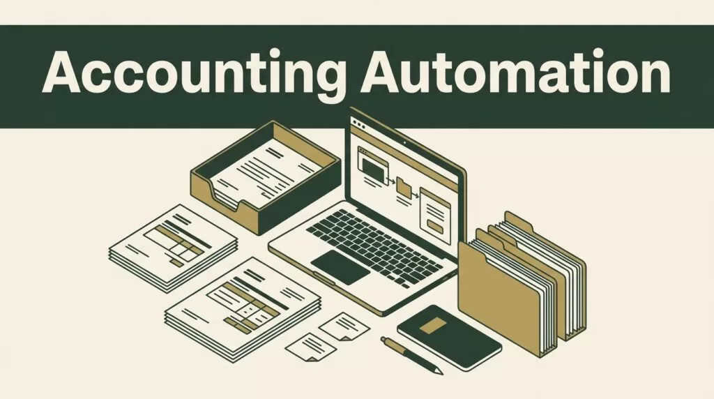 Accounting documents, a workflow laptop, intake tray, and folders appear below a green headline band.