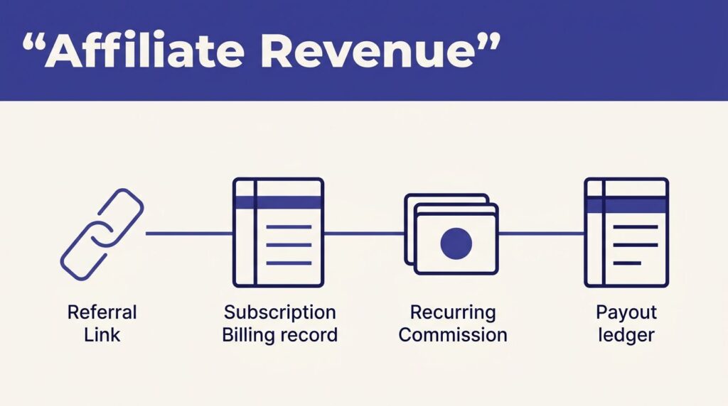 A pipeline links referrals, billing, commissions, and payouts under an indigo banner.