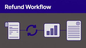 A receipt, refund arrow, commission card, and paused payout ledger linked on an indigo and gray graphic.