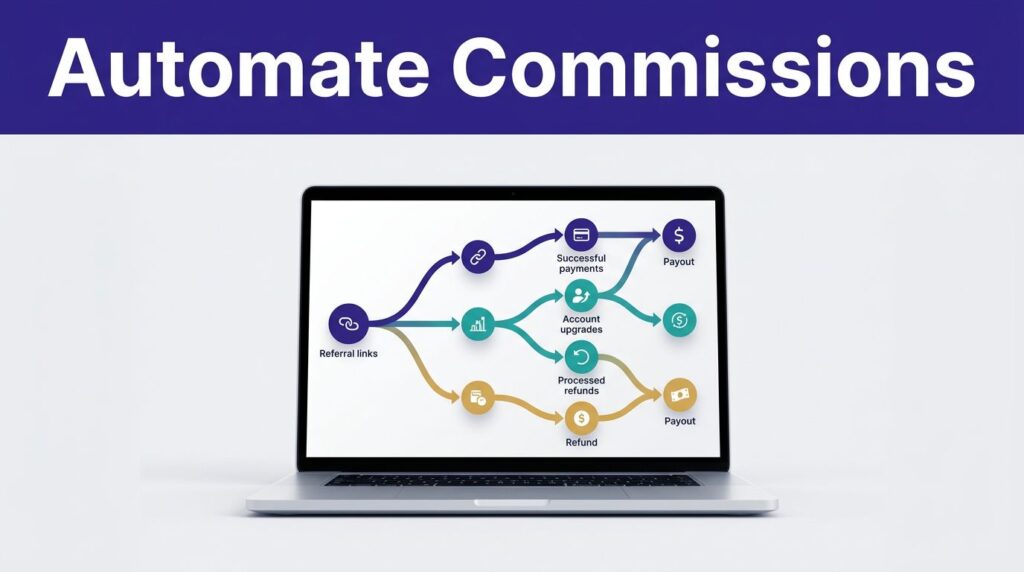 Laptop showing an affiliate commission dashboard with connected payment and payout nodes.
