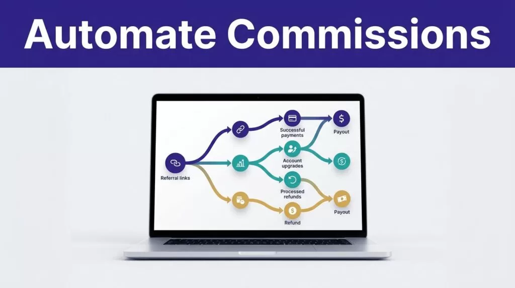 Laptop showing an affiliate commission dashboard with connected payment and payout nodes.
