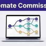 Laptop showing an affiliate commission dashboard with connected payment and payout nodes.