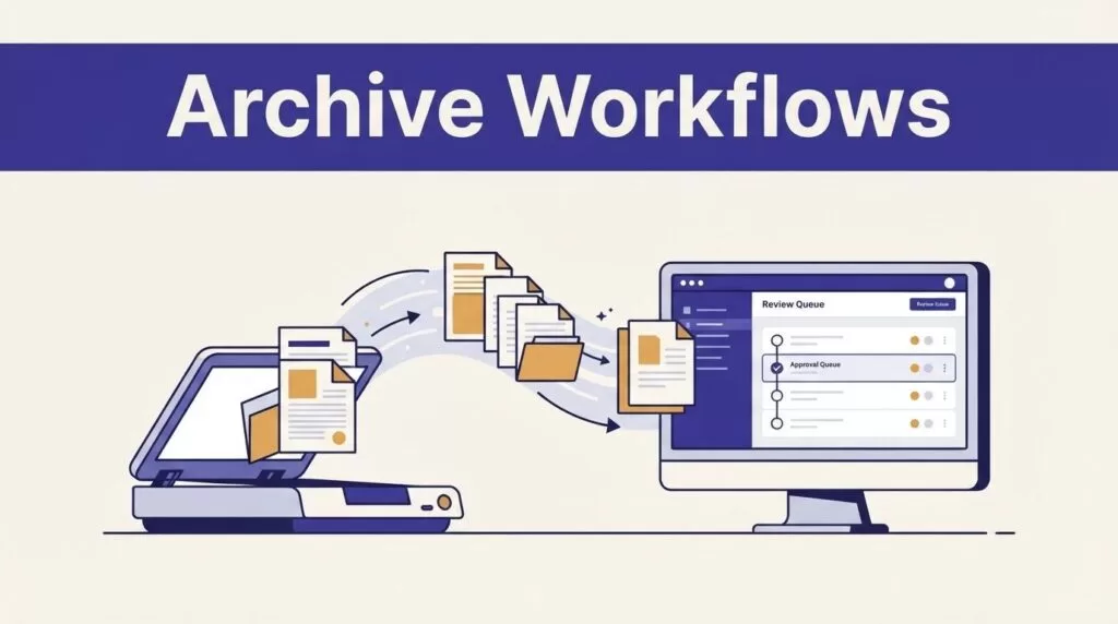 Documents move from a scanner to a digital review queue.
