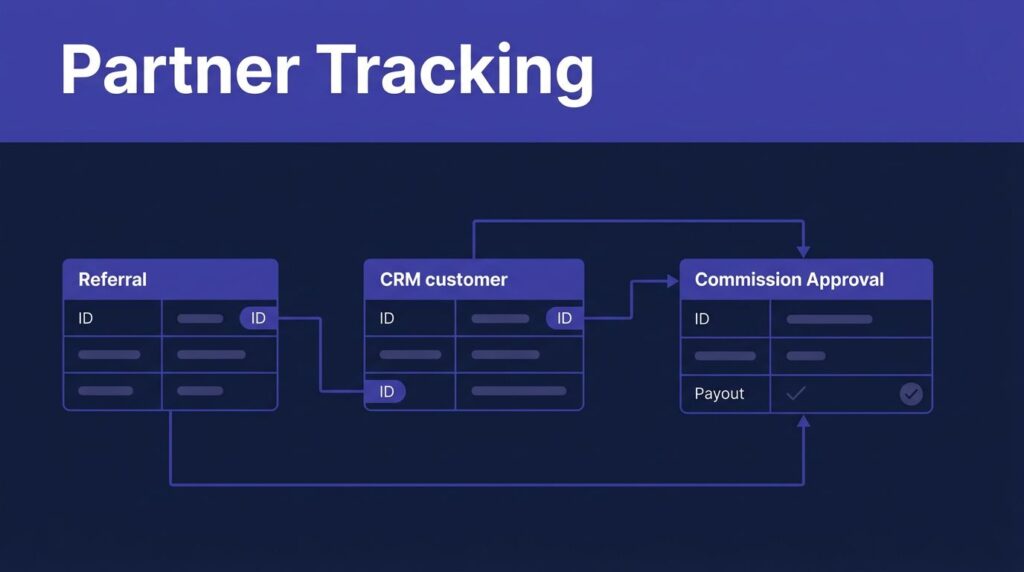 Navy graphic showing referral, CRM, and payout records connected by lines.
