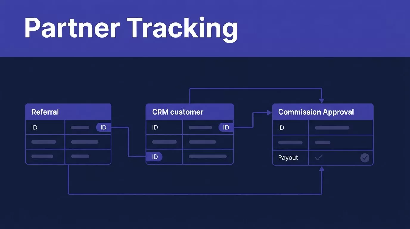 Navy graphic showing referral, CRM, and payout records connected by lines.