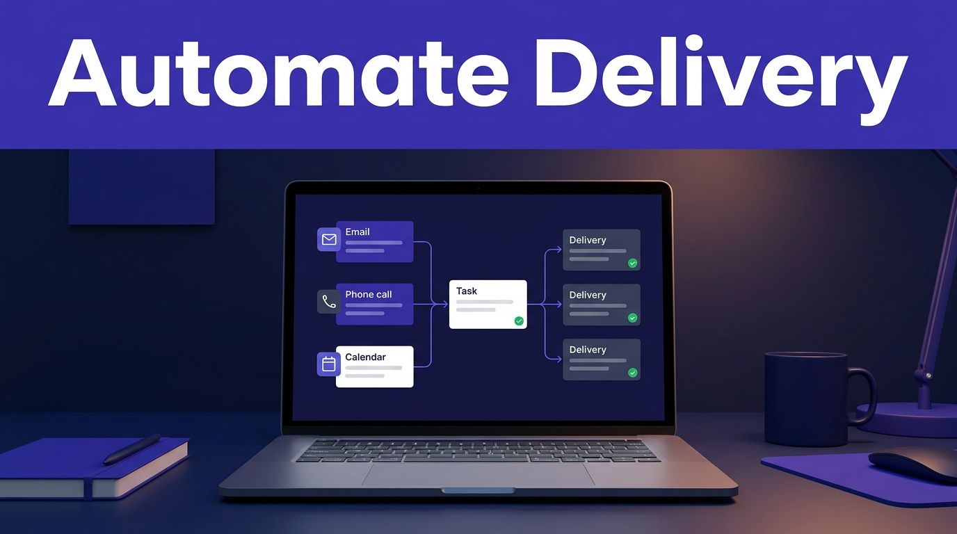 Laptop displays client workflow cards beneath an “Automate Delivery” headline.