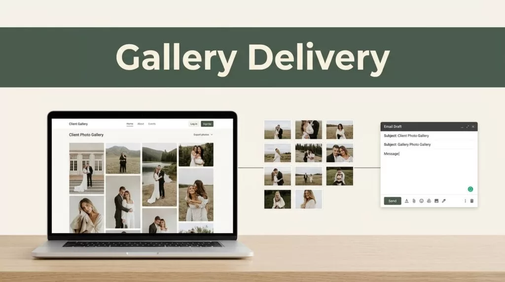 Laptop showing a client photo gallery beside exported images and an email draft.