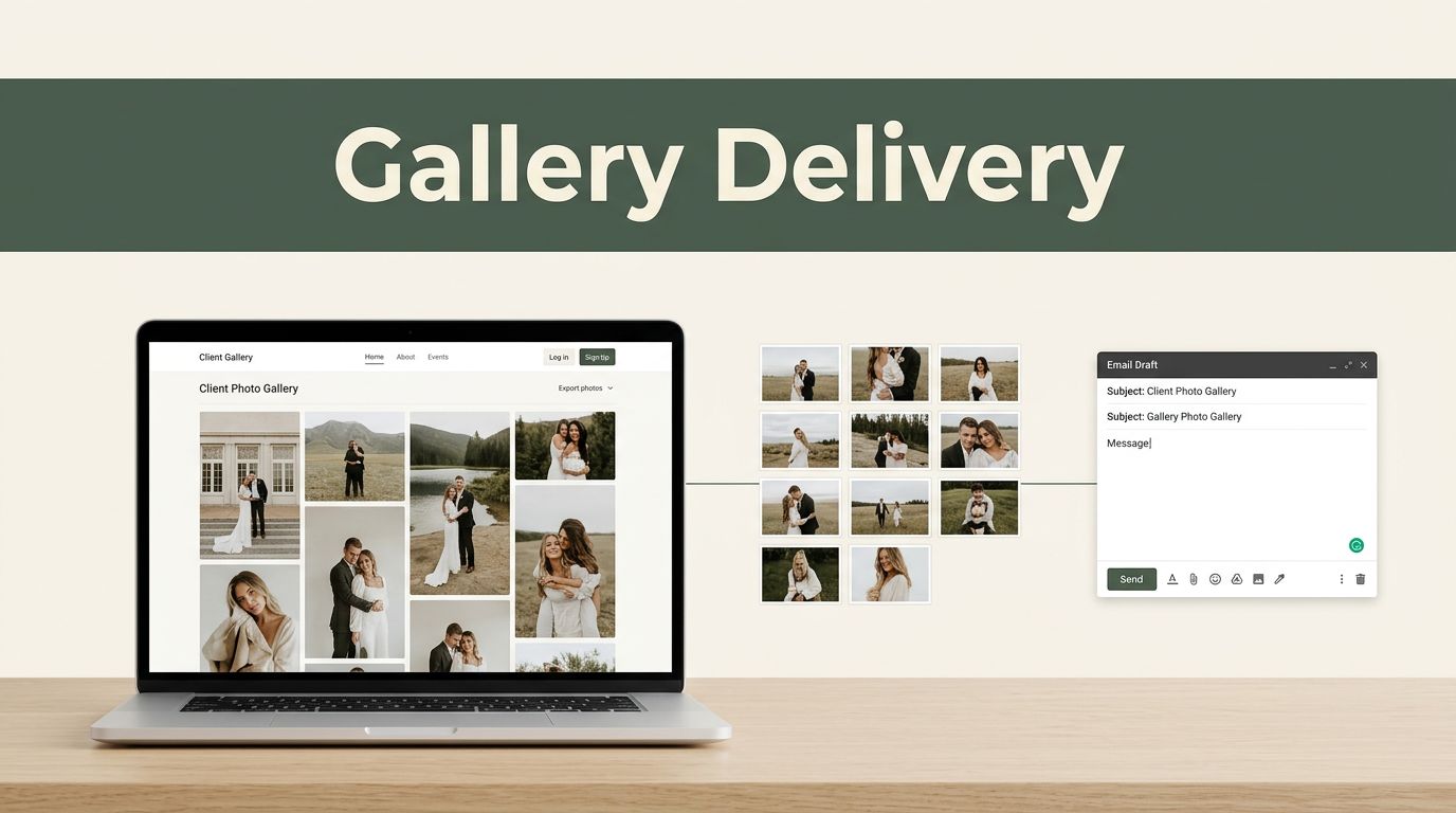 Laptop showing a client photo gallery beside exported images and an email draft.