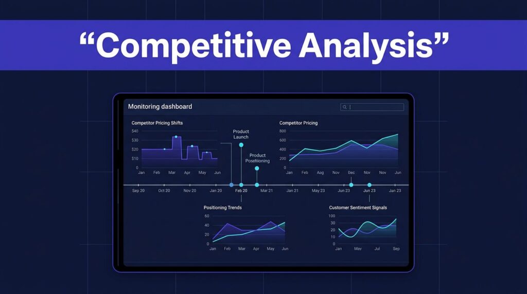 A dashboard tracks competitor pricing, launches, positioning, and sentiment on a timeline.