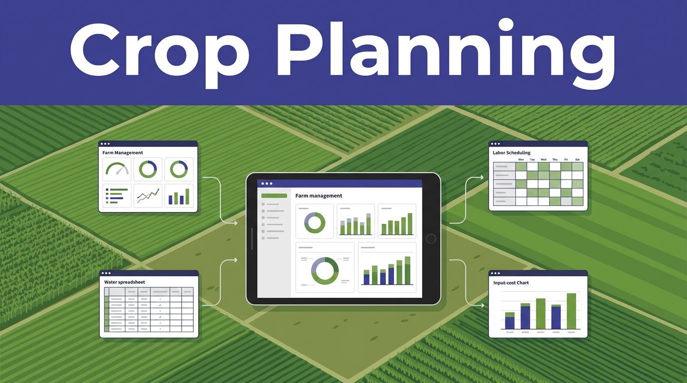 Green crop fields connect to farm planning charts and a tablet dashboard.