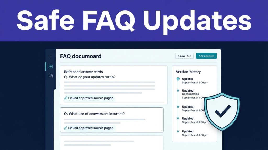 FAQ dashboard showing updated answers, linked sources, version history, and an approval shield.