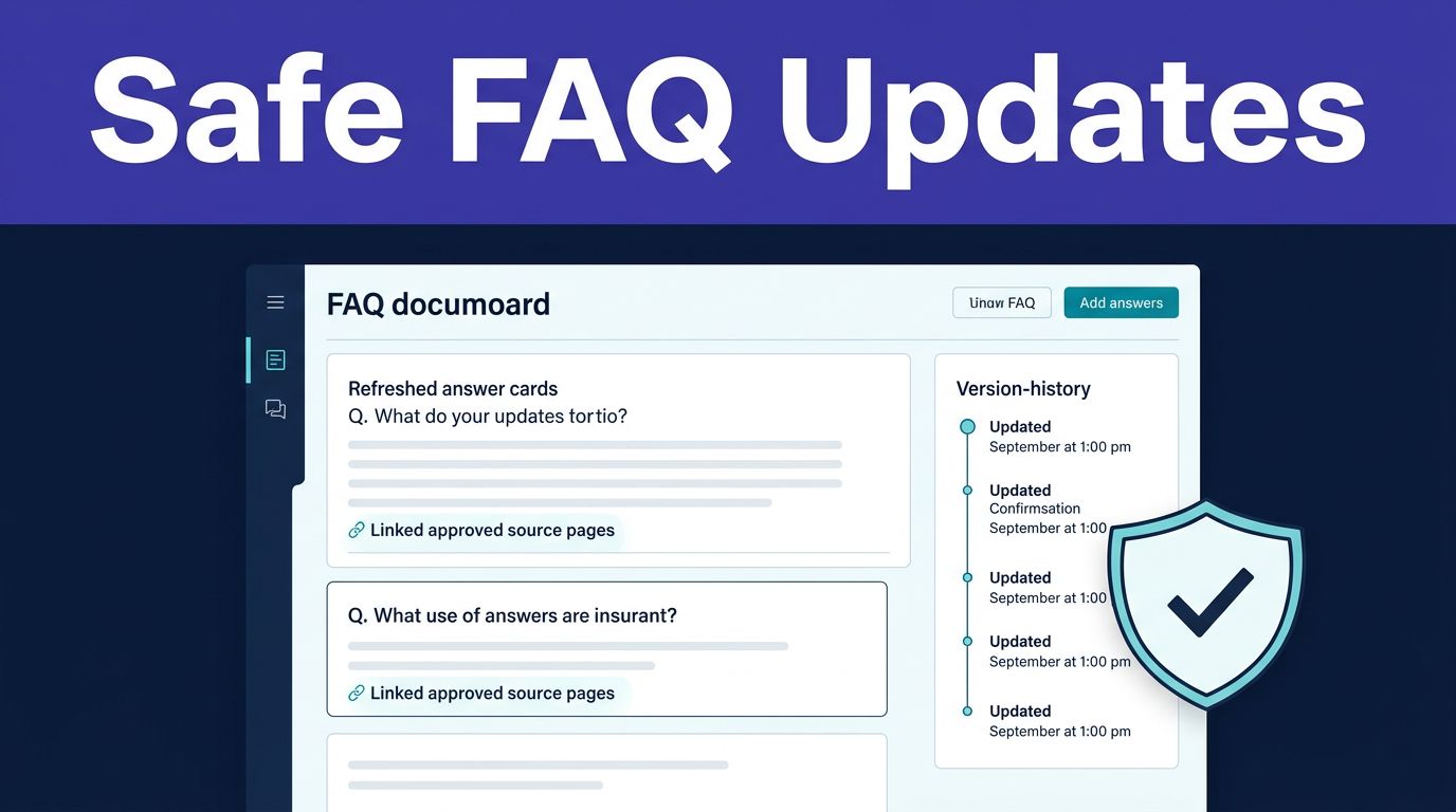 FAQ dashboard showing updated answers, linked sources, version history, and an approval shield.